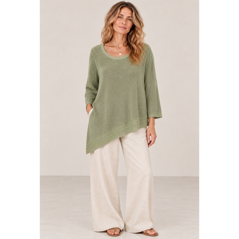 Eileen Fisher Organic Linen Sweater L Light Green Asymmetrical Hem Coastal Boho